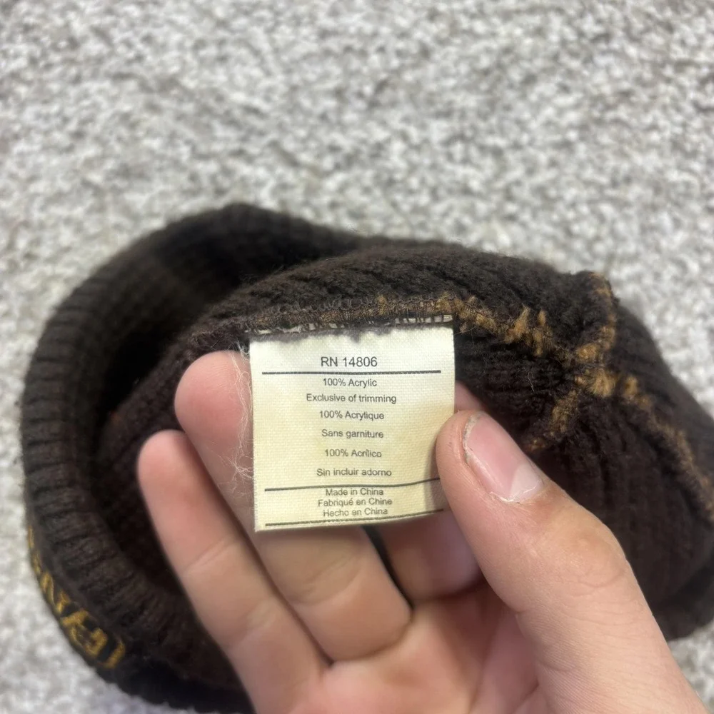 Y2K Carhartt Skull Beanie Mens One‎ Size Brown Knit Logo Stretch Winter Workwear